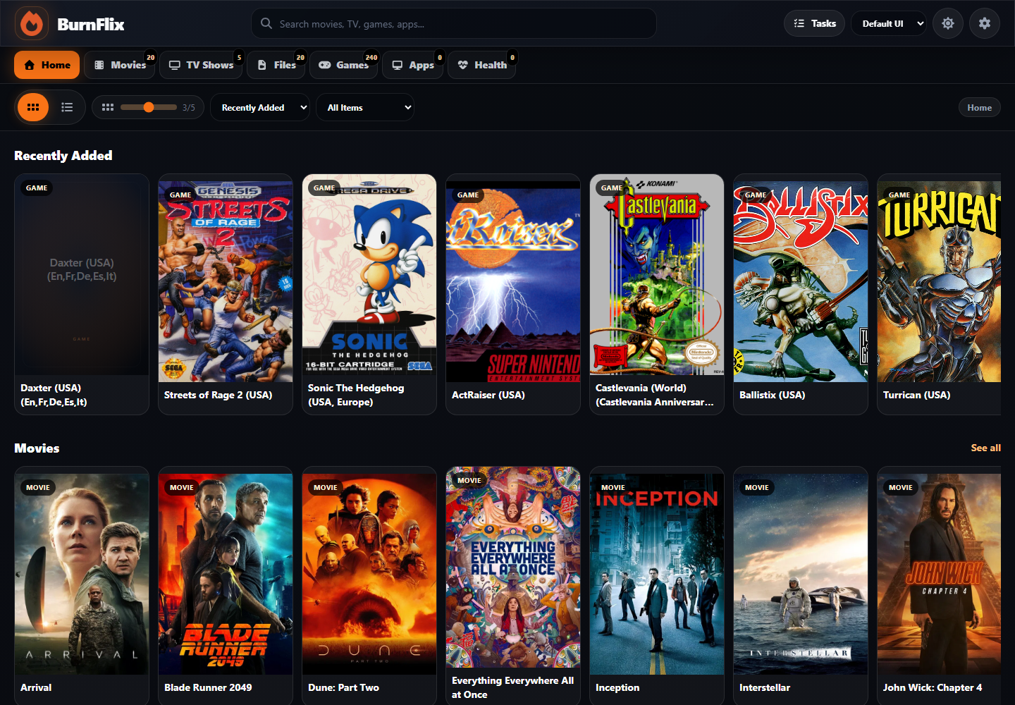 BurnFlix home screen with media rows and cached artwork