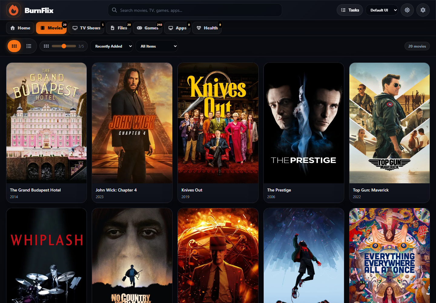 BurnFlix Movies page with poster grid