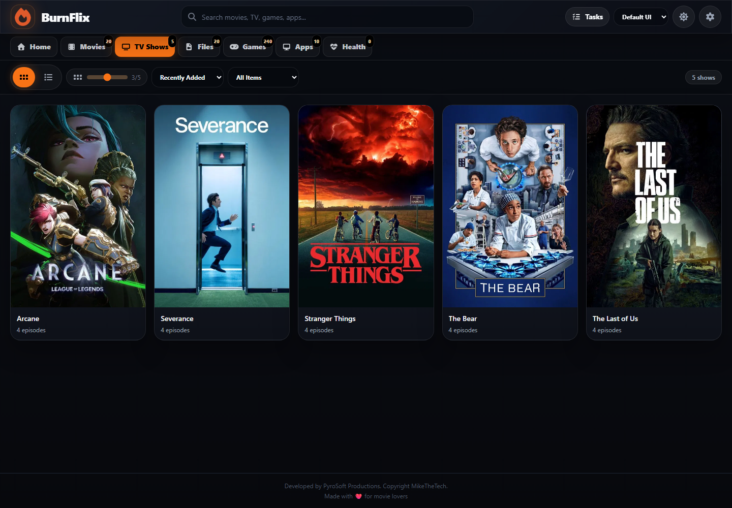 BurnFlix TV Shows page